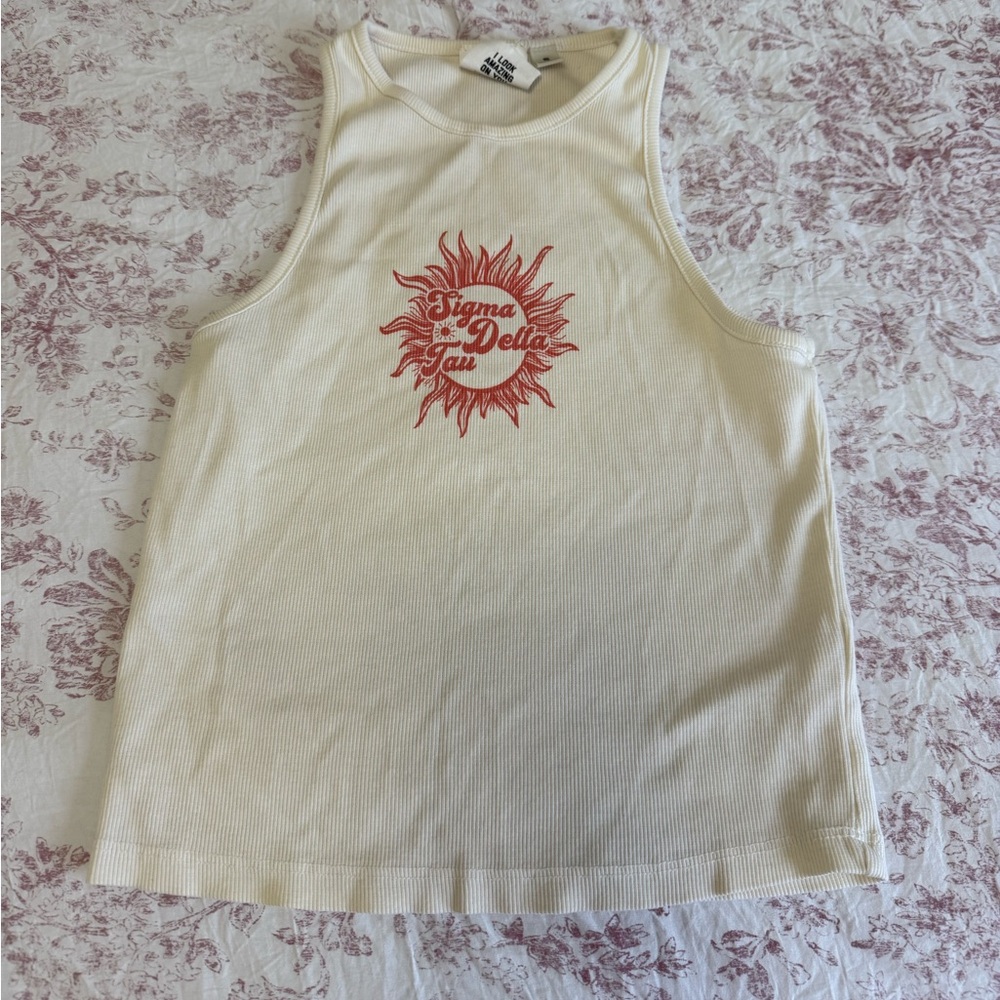 Sigma Delta Tau Cream Ribbed Tank with Red Sun Graphic